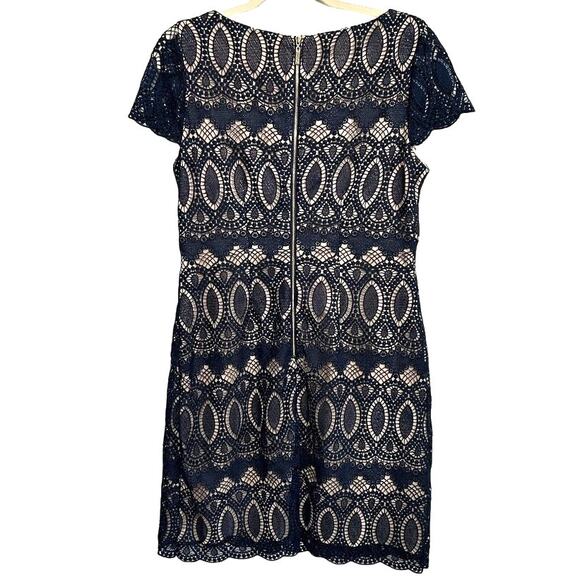 Eliza J Nude Illusion Lace Overlay Sheath Dress Wedding Guest Cocktail Size 8 - Picture 8 of 16